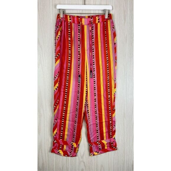 Farm Rio Lucy Striped Pink Yellow Pull-On Drawstring Pants Size Small - Picture 2 of 10
